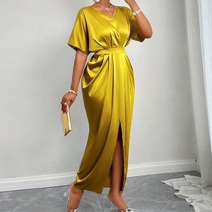 เดรสผู้หญิงแฟชั่นทรงวีคอ แขนสั้น เอวสูง ผ่าข้าง ดีไซน์หรูหรา - Product Image 2