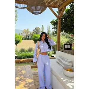 ชุดเซ็ตเสื้อผ้าฝ้ายลำลองลายสก็อตสีน้ำเงิน 2 ชิ้น เสื้อท่อนบนถักทอแบบยาว ความยาวระดับเข่า ทรงหลวม เหมาะสำหรับฤดูใบไม้ร่วง ไซส์ XL - Product Image 4