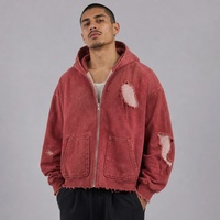 Sweat à capuche court zippé pour homme, teinture boue, effet vieilli, déchiré, usé, frangé, personnalisé
