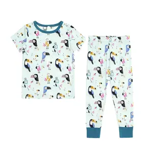 Aangepaste Print O-hals Lange Mouwen Tops Lange Broek Kinderen Kleding Set Bamboe Pasgeboren Pyjama Sets Sleepwears