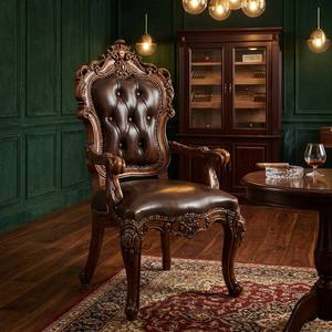 <span class=keywords><strong>Chaise</strong></span> de salle à manger en cuir de vachette de style européen avec accoudoirs sculptés en bois massif, petite table pour salon, mobilier de maison, garantie 5 ans - Product Image 1