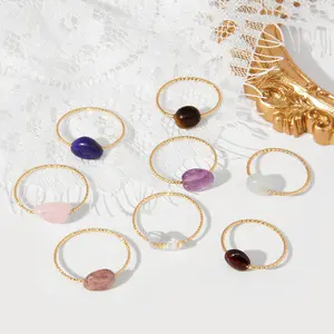 Zooying Delicate Natural Stone Jewelry Rings Amethyst Rose Quartz Lapis Lazuli Gemstone Garnet Aquamarine Tiger Eye Rings