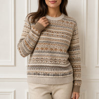 Maßgefertigter Damen-Fair-Isle-Strickpullover mit Rundhalsausschnitt, Mehrfarbig Creme-Braun, Diamantmuster, OEM ODM Fabrik