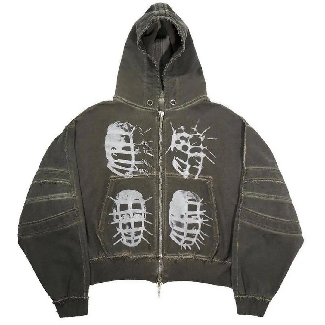 OEM custom printing pattern alta qualità Vintage acid wash distressed skeleton zip up felpa con cappuccio in cotone organico giacca da uomo firmata