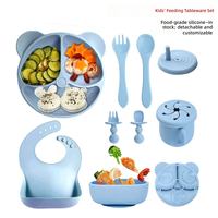 Ensemble de vaisselle en silicone pour bébé, motif animal, assiette, bol, bavoir, tasse, cuillère, fourchette, réutilisable, pour repas d'enfant