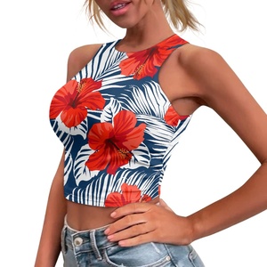 Tops Cortos Deportivos Personalizados para <span class=keywords><strong>Mujer</strong></span>, Estilo Vintage Hawaiano con Estampado de Flores Rojas, Venta al Por Mayor, Económicos, Ajustados, para Fitness y Ejercicio - Product Image 1