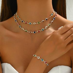 European and American style colorful heart jewelry <b>set</b>, candy-colored necklace, <b>bracelet</b>, earrings, glass heart-shaped ornaments - Product Image 3