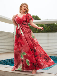 Robe en mousseline élégante et gracieuse à manches lanternes, col en V, imprimé numérique à l'aquarelle florale coupée au hasard, avec ceinture - Product Image 6