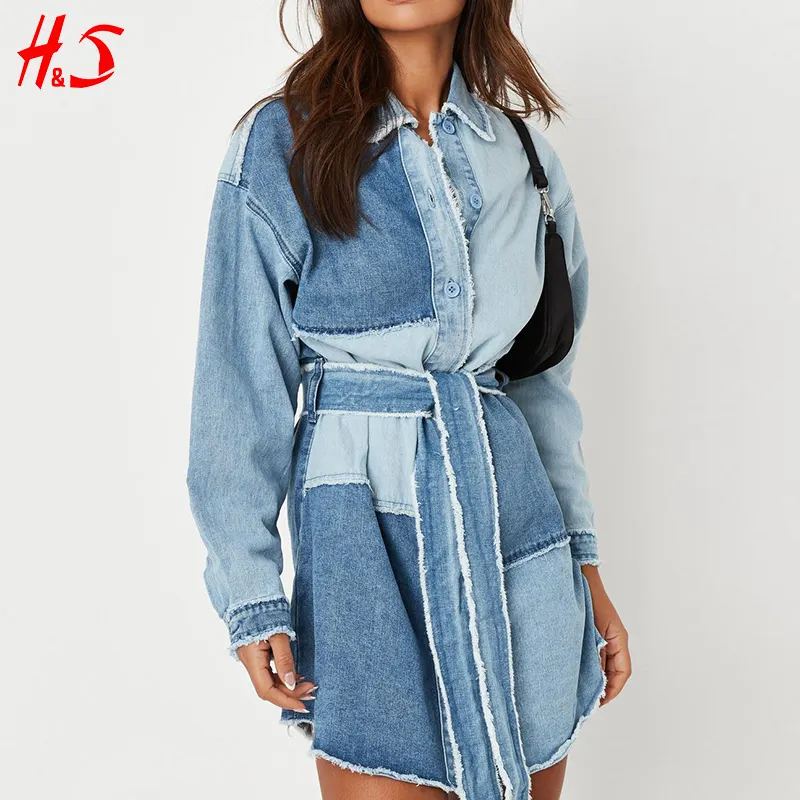 Hotsell Wholesale Fashion Vintage Loose Long Sleeve Jean Mini Dress Blue Frayed Patchwork Belted Denim Shirt Dress
