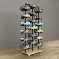Étagère à chaussures rotative double face avec roulettes, présentoir à chaussures en métal personnalisé pour boutique de chaussures