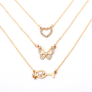 Collares en capas para mujer con colgante de mariposa y corazón, de cristal y diamantes de imitación, de aleación de zinc, joyería de moda para fiestas 2024 - Product Image 2