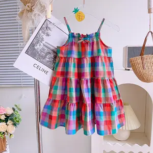 Wholesale 2023 Girl Summer Plaid Children Suspender Dress For 2-7 Years Baby Girls Dress Casual Clothing Suppliers Beach Dress