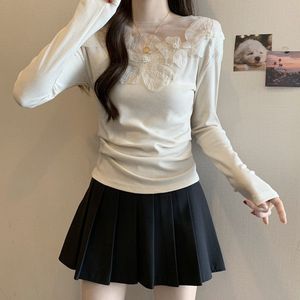 Chemisier T-shirt côtelé à col en maille florale 3D pour femme, manches longues, coupe ajustée, décontracté, tendance - Product Image 4