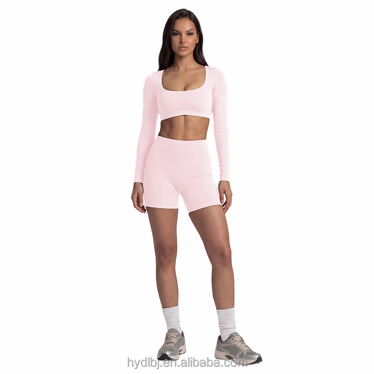 Slim Fit Long Sleeve Yoga Outfit, Nude Feeling Running Sports Top, Quick-Dry Fitted Fitness Shorts, U-Neck Women's Yoga Set
