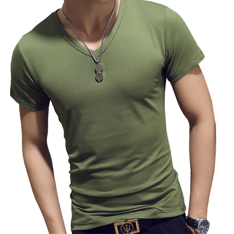Toptan yüksek kalite yaz yeni erkek düz renk kısa kollu moda dip gömlek v yaka T-shirt t shirt