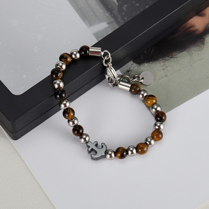 Pulsera de Acero Inoxidable con Cuentas de Piedra Ojo de Tigre y Ancla de Barco, Diseño Moderno en Negro, Joyería para Hombre - Product Image 5