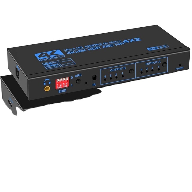 4K 60Hz for HDMI Matrix Switch 4X2 with Audio Remote Controls 4 in 2 Switcher Splitter for PS4 Xbox HDTV DVD HDCP 2.2 EDID