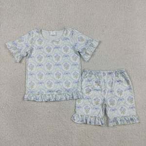 Conjunto de Camisa Azul con Bordado de Barco y Mangas Cortas para Bebés Niños, Pantalones Cortos con Bolsillos y Rayas - Product Image 3