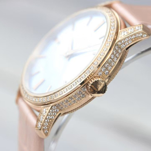 Reloj de Lujo Premium para Mujer con Esfera Azul Cielo de Madreperla, Caja de Acero Inoxidable Completamente Adornada, Cristal de Zafiro y Correa de Cuero Genuino - Product Image 5