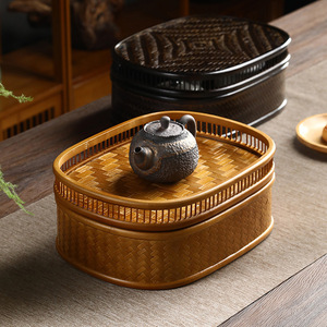 Boîte de rangement en bambou tissé à la main, panier rond avec pieds pour fruits, thé, papeterie, décoration de la maison - Product Image 3
