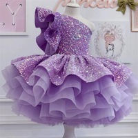 Robe tutu à sequins violets pour enfants, à une épaule, avec volants en tulle, costume de princesse pour fête d'anniversaire