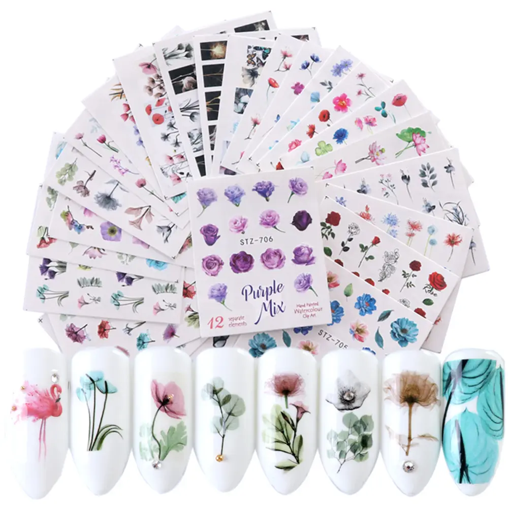 24 листа наклеек для ногтей с цветами, голографические наклейки для ногтей, резиновые наклейки для ногтей, Набор татуировок для женщин и девушек для маникюра