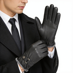 Leather <b>Gloves</b> Wrist Length Faux <b>Fur</b> Lined Thermal Warmth Business Winter Plain Style - Product Image 2