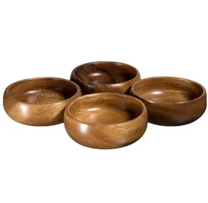 Wholesale Acacia Wood Hand-Carved Set of 4 Calabash Bowls 4" with Servers for Soup Bowl Food Bowl