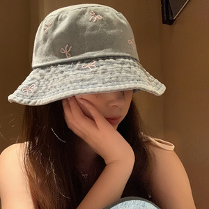 Washed Denim Bucket Hat With Pink <b>Bow</b> For Women Summer Sun Protection Hat <b>Large</b> Head Circumference - Product Image 4