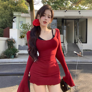 Red Bell Sleeve U Neck Dress Tight Waist Short Skirt Party Casual Breathable Splicing Design - Product Image 1