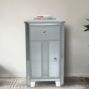 <strong>Mirrored</strong> Accent <strong>Cabinet</strong> With 1 Drawer 1 Door Silver Trim Crystal Knobs Modern <strong>Bedside</strong> Nightstand for Bedroom Living Room Storage - Product Image 1