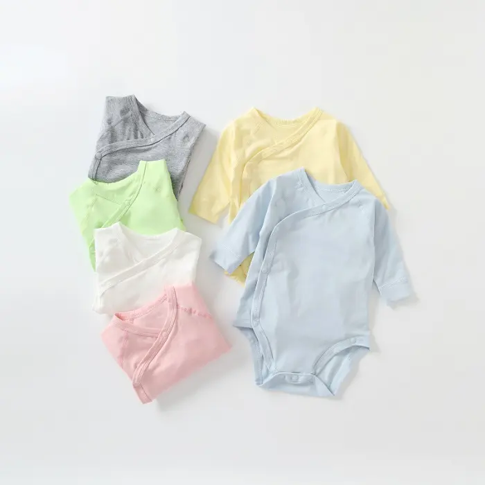 थोक नवजात शिशु ग्रीष्मकालीन पतली लंबी आस्तीन त्रिकोण जंपसूट बेबी गर्ल बॉय कपड़े वातानुकूलित बेस सॉलिड कलर ब्लैंक रोम्पर