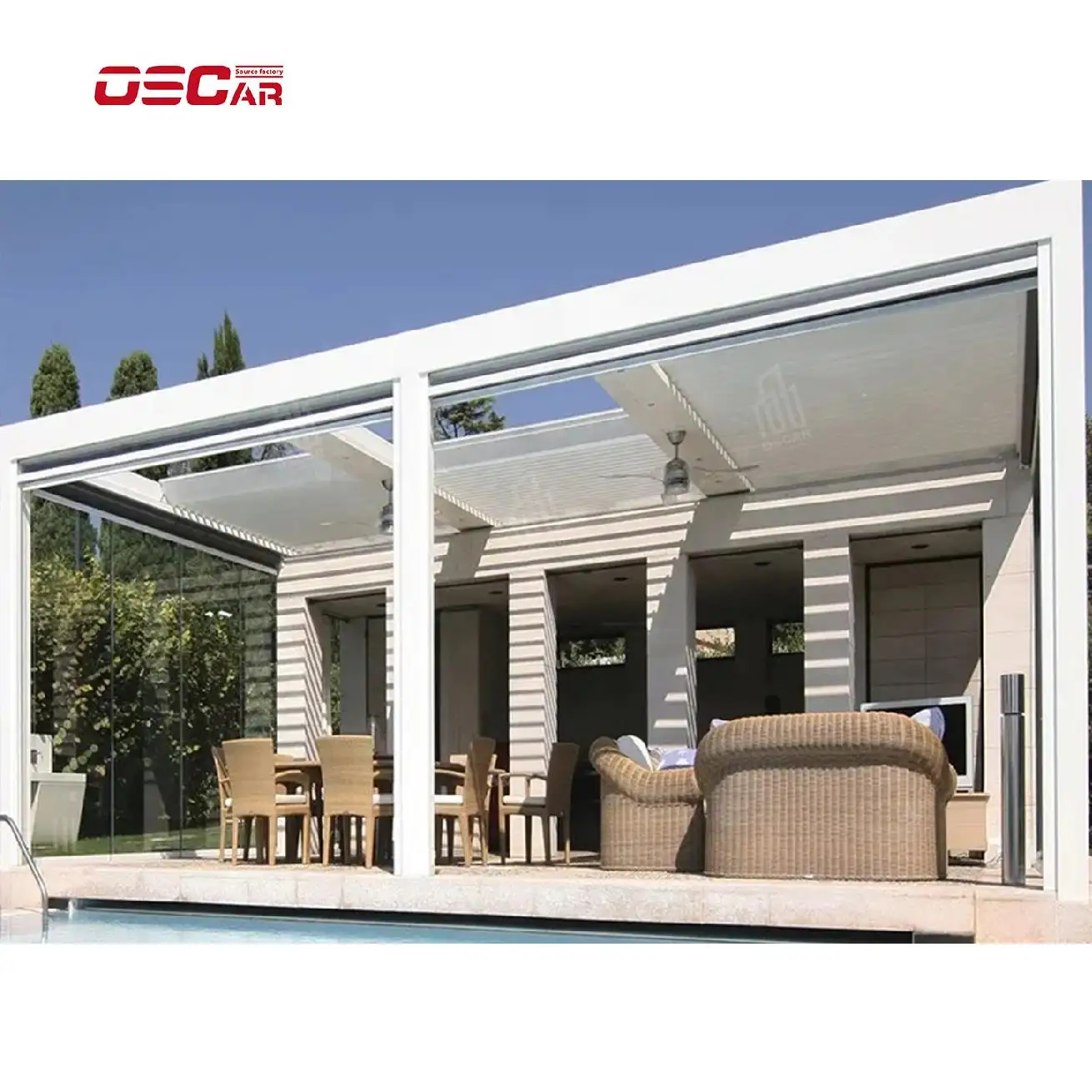 Auvent de patio moderne rétractable en aluminium pergola motorisée automatique pour l'extérieur avec couverture murale pergola en bambou