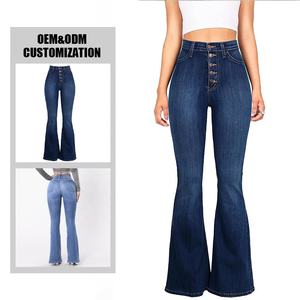 Groothandel Custom Hoge Kwaliteit Zomer Zwaargewicht Gewassen Knoop Jeans Materiaal Flare Broek Womens Denim Femme Denim Denim - Product Image 1