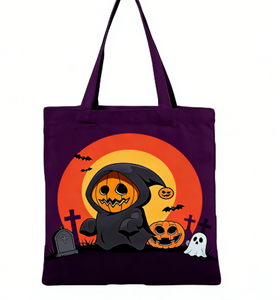 Sac en coton personnalisé pour Halloween, sac de courses réutilisable avec logo fantôme, chauve-souris, araignée, citrouille, thème de fête effrayant - Product Image 1