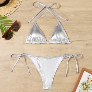 Conjunto de Bikini de 2 Piezas con Brillo Metálico de Alta Calidad, Volantes, Push-Up, Secado Rápido, Tanga, Un Hombro Descubierto, Corte Cheeky, Tallas Grandes - Product Image 3
