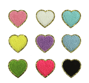 Parches de hierro de chenilla con borde dorado con purpurina colorida, parche bordado, pegatina de corazón con lazo para apliques de mochila escolar - Product Image 6