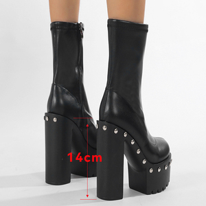 Botas de Mujer Negras de Moda XSD, Nuevo Estilo, Botas de Cuero con Decoración de Remaches, Botas Cortas de Tacón Alto para Fiesta de Otoño - Product Image 5
