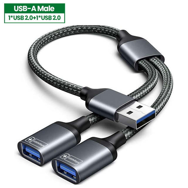USB Splitter 1 in 2 Out USB Splitter Cable Double Dual Port Adapter for Charging, Power and Data 2 Port HUB for Laptop PC