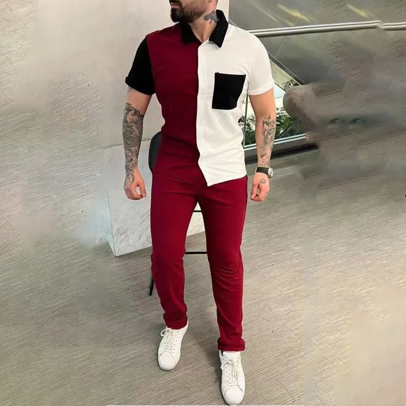 Ultima moda chemise avec pantalon da uomo shorts set completo a maniche lunghe Color block camicia da uomo