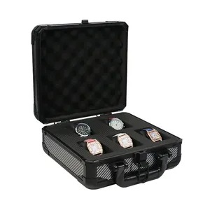 5 Slots Luxury Carbon Fiber Panel Aluminum Storage Watch Case with Foam Pillows for Display/Collection