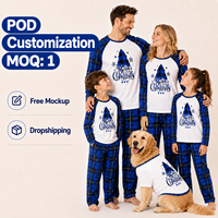 Ensemble de pyjamas personnalisés de Noël à carreaux bleus, manches raglan, taille élastique, pour toute la famille, en polyester, pour hommes, femmes et enfants