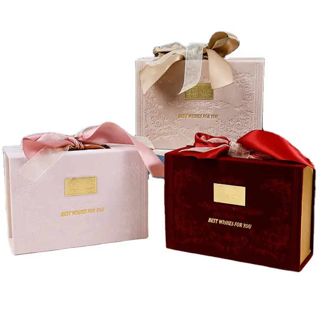 कस्टम उच्च गुणवत्ता वाले हल्के लक्जरी मखमल हाथ उपहार बॉक्स के साथ शादी रोमांटिक चॉकलेट बॉक्स विंटेज क्लैमशेल धनुष उपहार बॉक्स