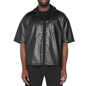 OEM Custom Luxury Boxy Fit Loose Brand Design Satin Button Down manica corta Nylon nero Baggy Vegan Leather Shirt Mens