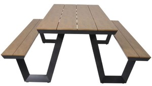 Mesa de Jardín Rectangular de Lujo para Exteriores, Moderna, de WPC, con 2 Bancos Integrados, Tablero de Listones de Madera de Teca, Estructura de Aluminio, para Restaurante o Jardín - Product Image 4