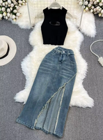 Robe en jean mi-longue fendue à taille haute, style sexy, collection été 2026, avec jupe intégrée, style industriel lourd, tendance, ensemble de vêtements