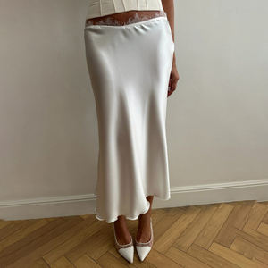 Elegant Satin Midi <b>Skirt</b> with Lace Panel-Classic A-Line <b>for</b> Women Natural Waist Breathable <b>Summer</b> Washable - Product Image 1