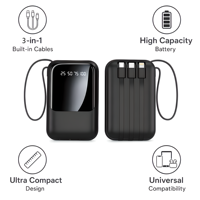 Power Bank Mini Portabel 10000mAh dengan 3 Kabel Pengisian Daya Terintegrasi (Micro USB//USB-Type C) Layar Digital Pengisian Cepat USB
