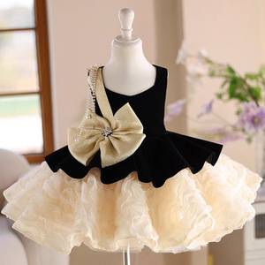 Abito da Damigella di Lusso Personalizzato con Fiocco Dorato in Velluto <span class=keywords><strong>Nero</strong></span> e <span class=keywords><strong>Tulle</strong></span>, <span class=keywords><strong>Vestito</strong></span> da Cerimonia per Matrimoni e Occasioni Speciali - Product Image 1