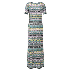 High Quality Colorblock Women Elegant and Casual O-neck Short Sleeve Striped Wavy <strong>Knitting</strong> Slim Fitted Long <strong>Dres</strong> - Product Image 2